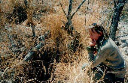 Sophie Neville looking at a Brown Heyena den in the Klahari