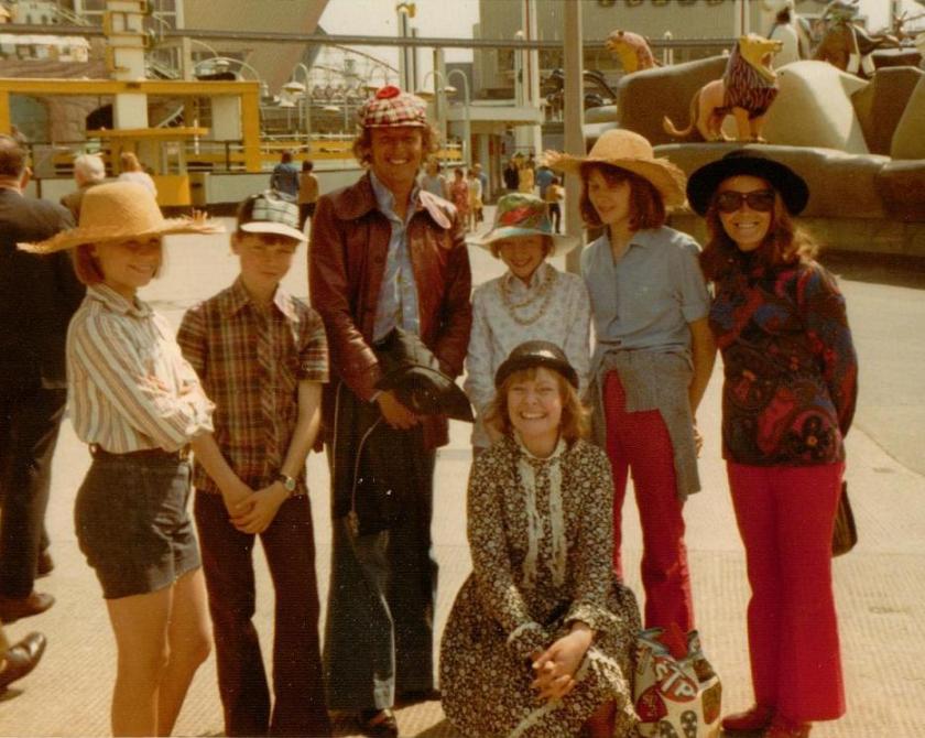 A Day Off in Blackpool - Suzanna Hamliton, Simon West, Claude Whatham Sophie Neville, Kit Seymour, Jean McGill with Daphne Neville kneeling at Blackpool funfair in 1973