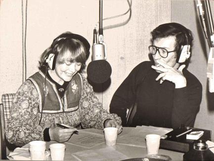 Daphne Neville making a radio commercial